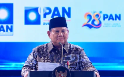 Presiden Prabowo Subianto saat memaparkan capaian dan target pemerintah dalam acara HUT ke-28 PAN di Jakarta.