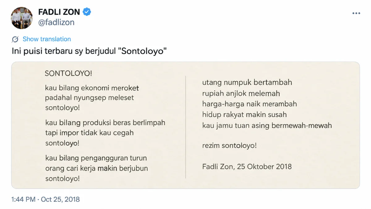 Puisi 'Sontoloyo' karya Fadli Zon yang ditulis pada 2018 kembali ramai dan dianggap relevan dengan kondisi Indonesia saat in